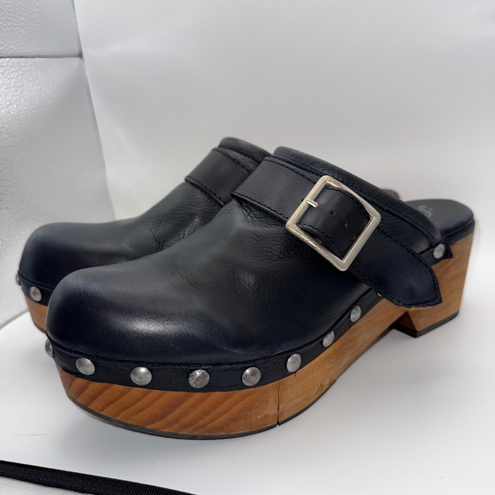 Y2K Free People Black Leather Studded Wooden Platform Clogs Boho Mules Size 41
